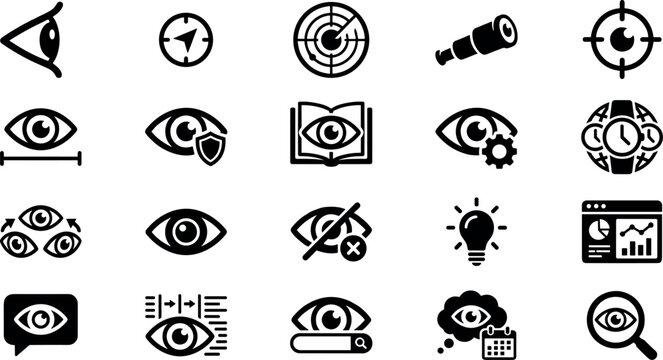 vision and eye icons set for monitoring surveillance analytic and observation systems, focus visibility and optical symbols collection, black vector illustration isolated on transparent background