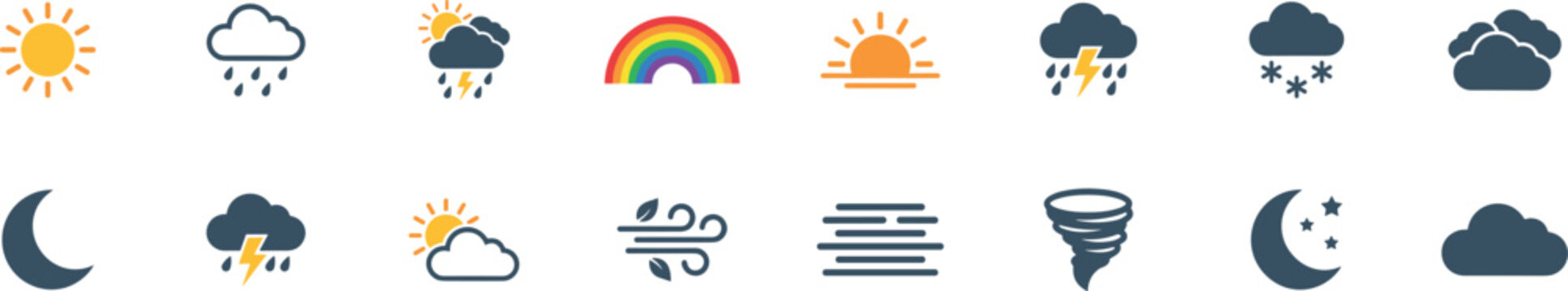 weather forecast icons set with sun cloud rain storm rainbow snow wind and moon symbols, colorful meteorology climate signs vector collection isolated on transparent background