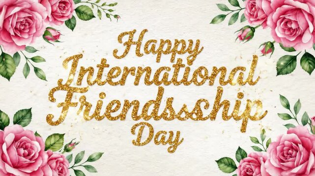 Glitter text friends and watercolor roses on white textured background