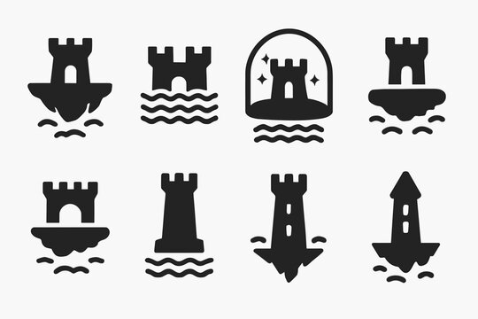 Floating Fortress Icons. Floating fortresses. Filled icon set of Floating fortresses: levitating citadel, air