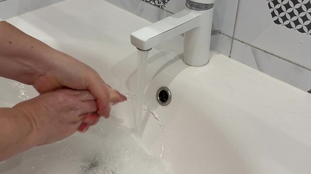 washing his hands thoroughly under running tap water. This attention to hand hygiene emphasizes safety and cleanliness before preparing .