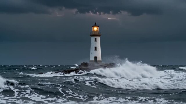 Dramatic Stormy Sea with Lighthouse Standing Firm Against Crashing Waves and Lightning Flash during Intense Weather Conditions