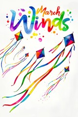 Obraz premium Colorful Kites Soaring in the March Winds with Vibrant Ribbons Creating a Cheerful Atmosphere Celebrating the Arrival of Spring.