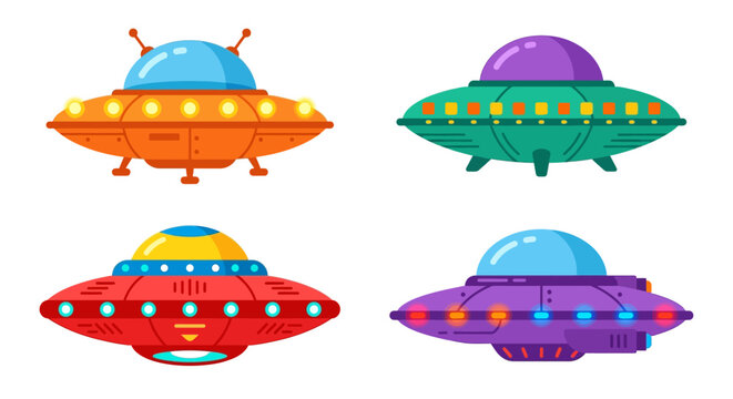 Colorful cartoon illustrations of four different alien spaceships on white