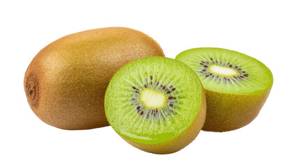 Fresh green and brown kiwi fruit whole and sliced, showcasing healthy ripe tropical snack