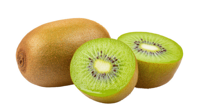 Fresh green and brown kiwi fruit whole and sliced, showcasing healthy ripe tropical snack