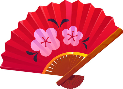 Japanese New Year holiday icon of red folding fan with flowers ornament, vector Asian symbol. Japanese fan with plum blossom decoration, sensu or ogi and uchiwa brise fan, symbol of Japan folk art