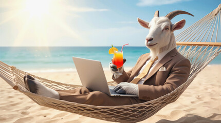 Goat in business suit working on laptop while relaxing in hammock on tropical beach. Anthropomorphic animal professional enjoying remote work with cocktail.