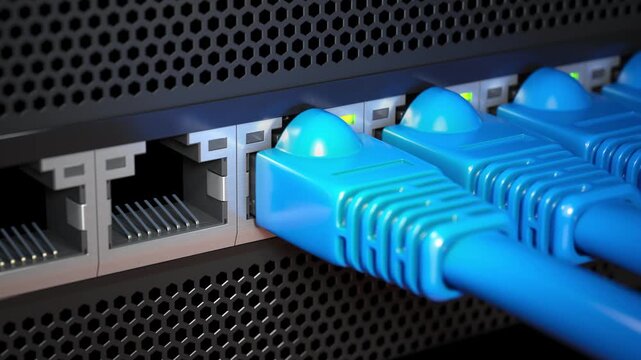 A row of lan Ethernet cable plugging in server or router, 3d animation