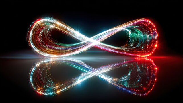 Multicolored Infinity Symbol Light Trails Reflecting on Dark Surface glowing luminous