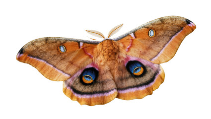 Detailed close-up of a large moth with striking eye-like patterns on its orange wings © Isabel