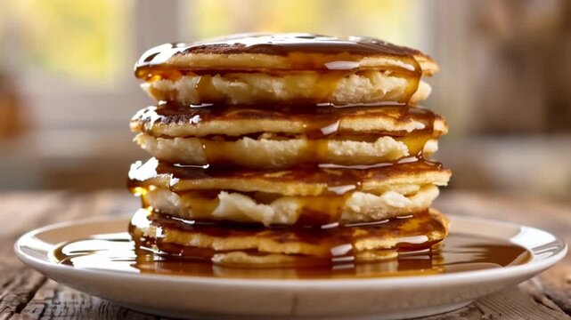 Fluffy pancakes stacked high on a plate with syrup pouring over them on a rustic wooden table indoors