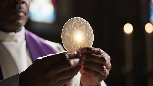 A pastor holds a single bright communion bread aloft in his hands, its white surface glowing against a dark, blurred background in a sacred liturgical moment.