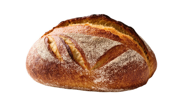 Delicious golden brown artisan sourdough bread loaf, freshly baked and dusted with flour