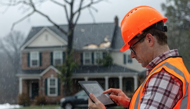 Medium shot of an insurer analyzing drone footage on a tablet to assess residential roof damage after a storm with the house blurred in the background under overcast skies.