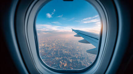 Fototapeta premium Airplane Window View Above City at Sunset – Travel Journey, Aerial Landscape and Vacation Flight Experience
