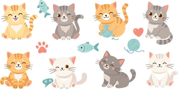 Kawaii playful kitten vector character set with orange cream and grey tabby cats playing with yarn balls and fish for digital stickers and nursery patterns.