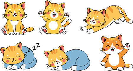 Obraz premium Kawaii orange tabby cat vector character set featuring cute kitten in various poses including sleeping, waving, stretching, and sitting for digital stickers and nursery decor.