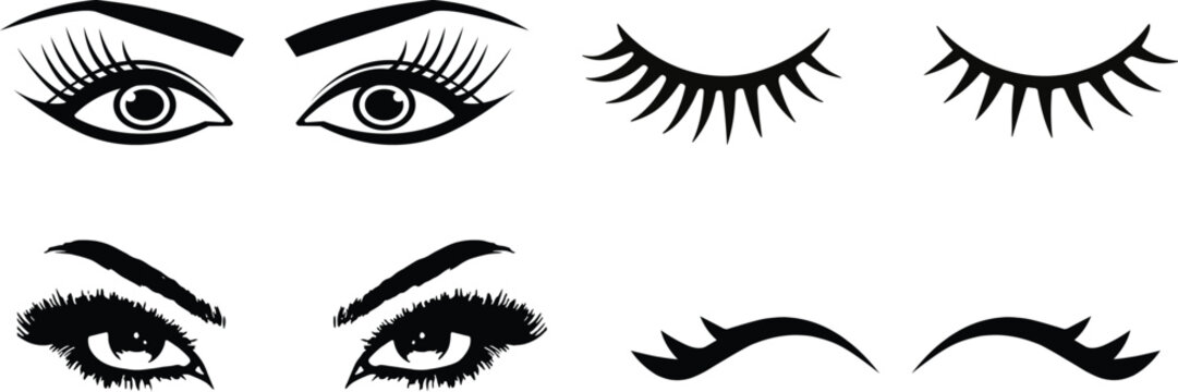 Compilation of open and closed eyes with eyelashes and eyebrows in black and white style with perfect for beauty, cosmetic, or stylistic designs