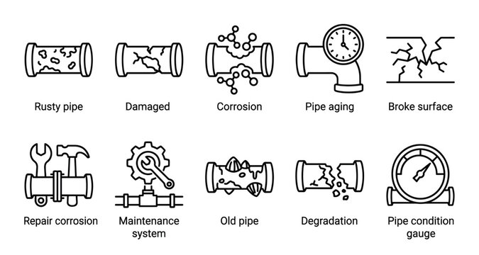 A collection of line art icons illustrating various stages of pipe degradation including rust, cracks, corrosion, and maintenance tools, suitable for technical and industrial concepts.
