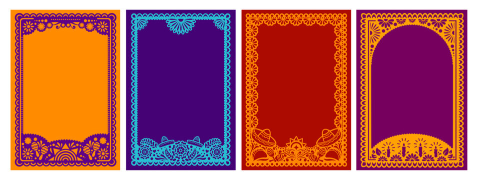Mexican Cinco de Mayo, Day of the Dead holiday party frames, paper cut fiesta flyer, papel picado Hispanic border template. Vector frames with maracas, sombreros, flowers, and candles for invitation