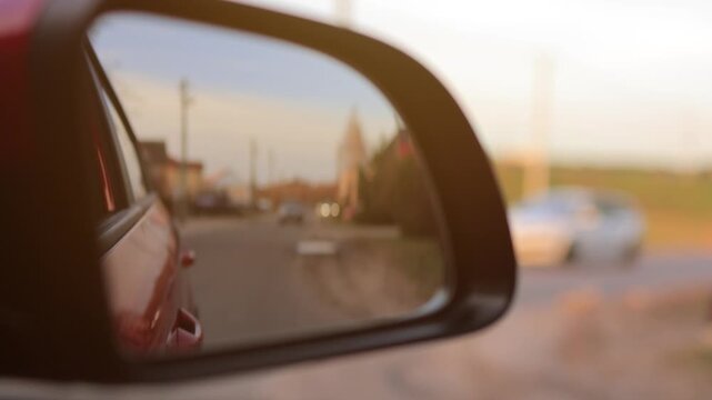 The sun is reflected in the mirror, evening road. View in the side rear view mirror of a red car driving along the highway