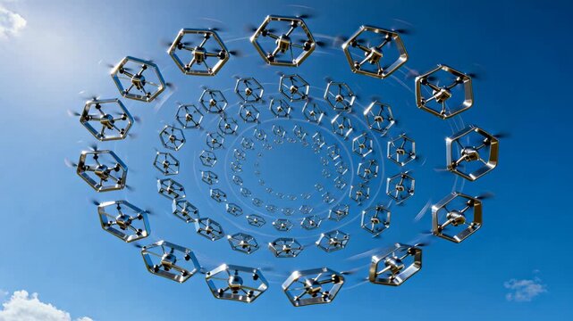 Rotating after signal starting, glinting ringed hex drones spiraling overhead in blue sky