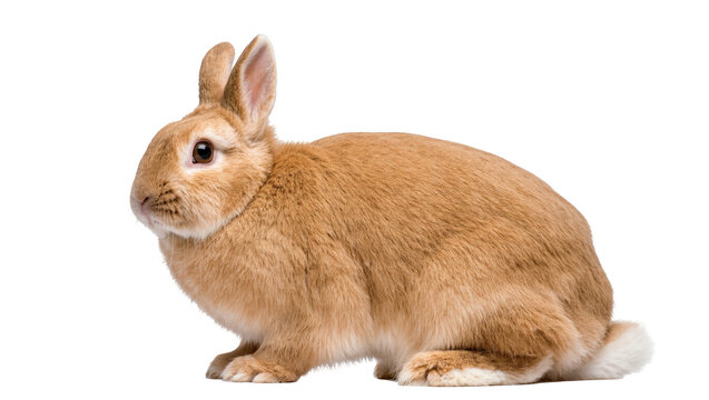 Adorable light brown domestic rabbit with soft fluffy fur sitting and looking ahead