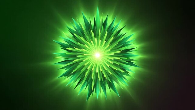 Emerald Energy Fractal Concept interpreted in a sleek minimalist digital style, geometric radial pattern composed of repeating angular shards forming a perfect circular burst, neon green gradients