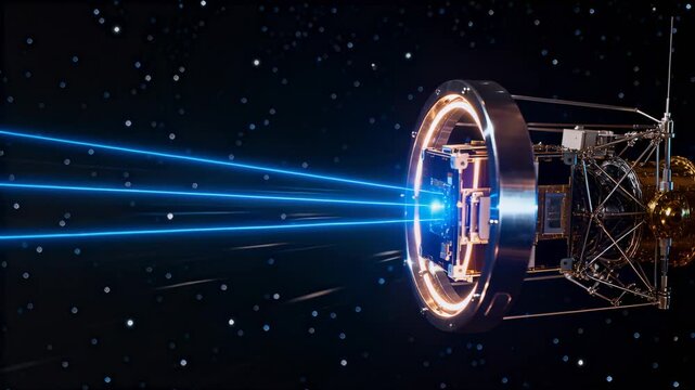 Powering up probe with circular ring and cubic payload projecting ramping blue beams through space