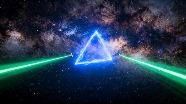 Two small satellites firing green lasers, forming bright blue triangle, charging plasma shield