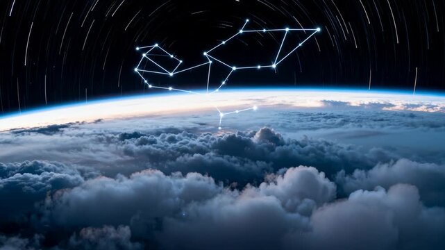 Emerging bright node starting descent from lit star net toward cloud deck, creating horizon sparks