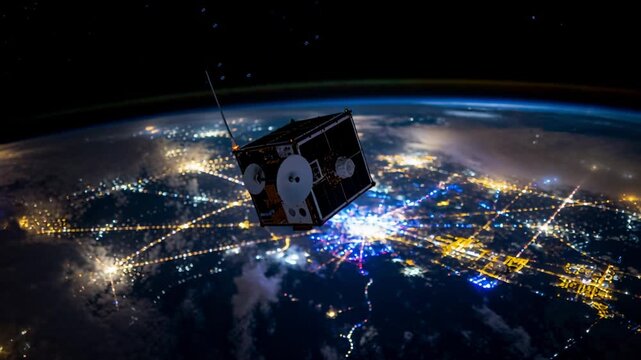 Orbiting CubeSat turning, orbit causing rotation above night cities, antenna and dishes visible
