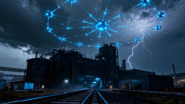 Lightning flashing, hovering blue node ring pulsing above industrial plant, showing network status
