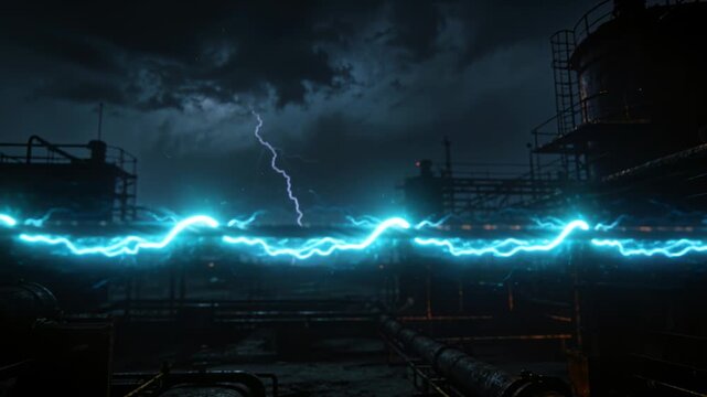 Pulsing cyan waveform reacting to lightning strikes over night industrial plant, lighting wet pipes