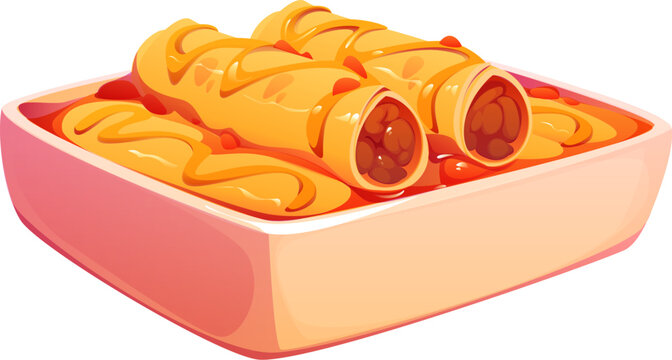 Cartoon enchilada Mexican food dish meal cuisine. Isolated vector traditional tortilla rolls with sauce filling and beans served in ceramic plate. Warm appetizing baked homemade or restaurant meal