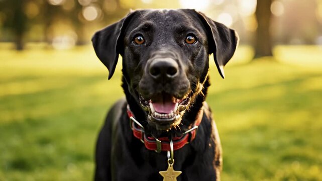 Happy black Labrador dog panting in a sunny grassy park