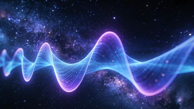 Glowing sine ribbon entering left sweeping right growing twisting emitting sparks showing wave flow