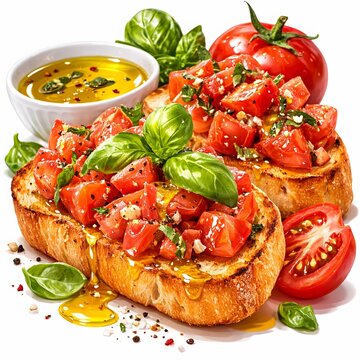 A semi-realistic 3D scene of Italian bruschetta topped with diced tomatoes, basil leaves, and olive oil drizzle. With toasted bread texture and glossy topping highlights. With bright fresh colors