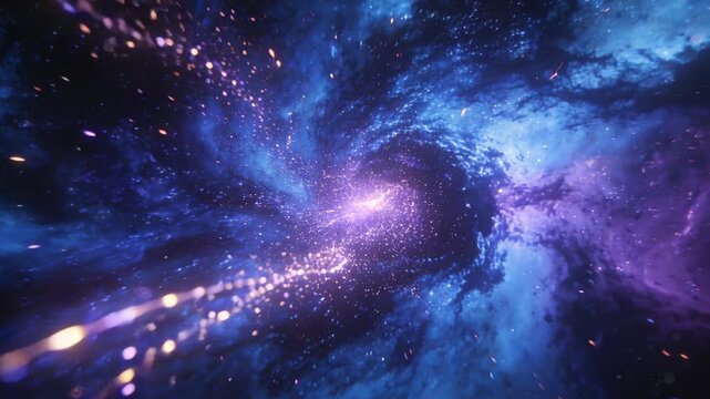 Entering lower-left, particle stream curving toward central vortex in nebula, sending sparks