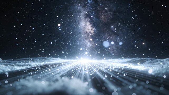 Brightening horizon glow, Milky Way column casting grid on cosmic plain drifting particles and mist