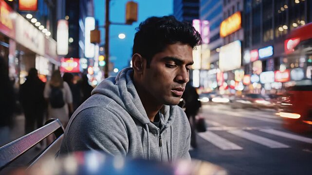 Anxious Man Sitting on Bench in Crowded Neon City at Night