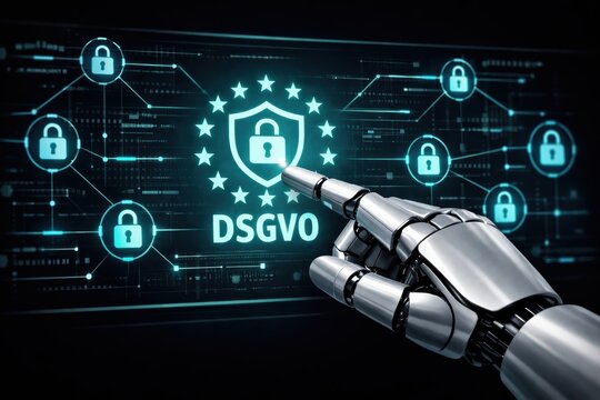 Digital Security: A robotic hand interacts with a digital shield icon symbolizing data protection and security. The image underscores the vital role of safety in the digital realm.