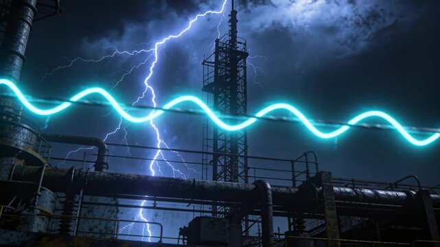 Pulsing cyan wave oscillating across refinery at night, lightning striking tower sparking pipes