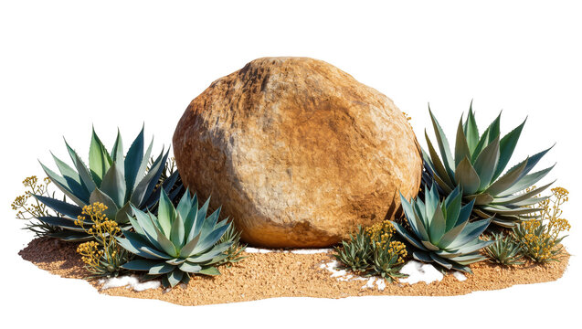 Natural desert rock formation with robust agave plants and small yellow flora on sand