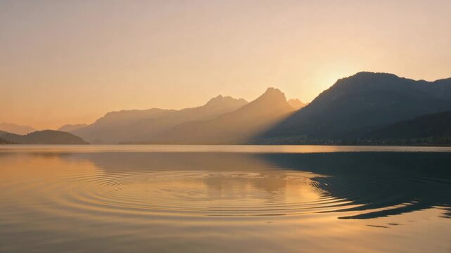 Expanding circular ripples after onset moving across alpine lake at dusk with right peak reflection
