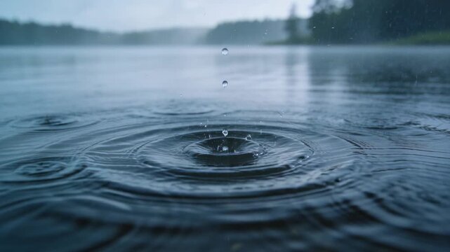 Falling droplets hitting lake surface in rain, forming concentric ripples, crowns and rebound jets