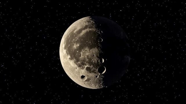 A realistic depiction of the moon in space, its surface textured with craters, surrounded by stars