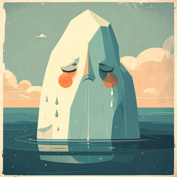 Abstract pastel illustration of a melting iceberg with crying eyes, floating in the ocean under a blue sky with clouds. Grunge texture, retro style. Whimsical nature background for eco themes