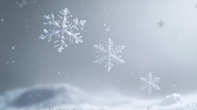 Falling snow driving camera closer revealing ice flake on snow receding showing flakes and hills